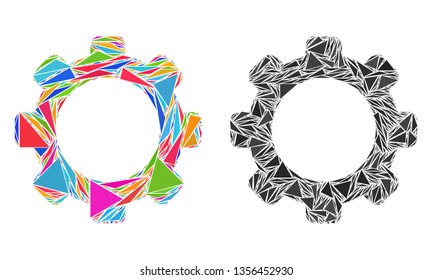 Triangle mosaic Gear icons united from triangle elements in various sizes, positions and proportions. Vector triangles are united into abstract shape gear icons, in classic and bright colors.