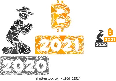 Triangle mosaic gentleman pray bitcoin 2021 icon. Gentleman pray bitcoin 2021 vector mosaic icon of triangle items which have variable sizes, and positions, and color hues.