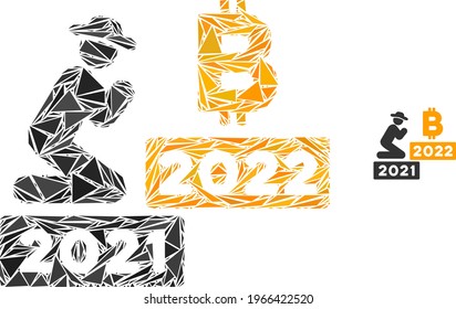 Triangle mosaic Gentleman betet bitcoin 2022 Ikone. Gentleman betet bitcoin 2022 Vektormosaik Symbol aus Dreieck-Artikeln, die verschiedene Größen, Positionen und Farbtöne haben.