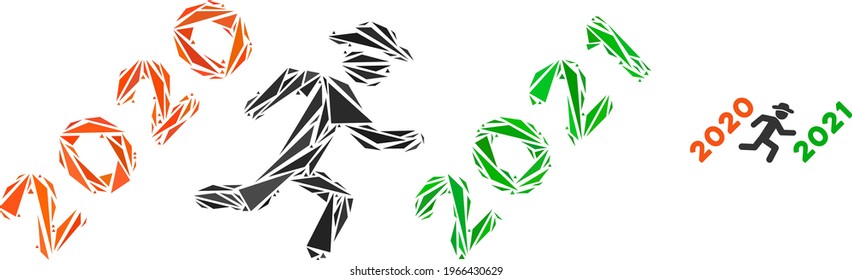 Triangle mosaic gentleman run to 2021 icon. Gentleman run to 2021 vector mosaic icon of triangle items which have different sizes, and positions, and color tones.
