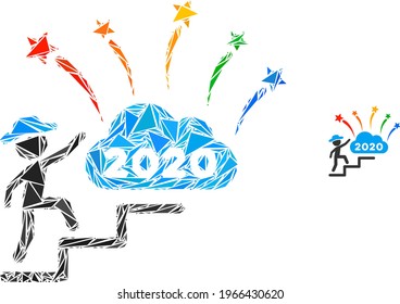 Triangle mosaic gentleman steps to 2020 fireworks icon. Gentleman steps to 2020 fireworks vector mosaic icon of triangle items which have randomised sizes, and positions, and color shades.