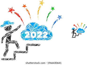Triangle mosaic gentleman steps to 2022 fireworks icon. Gentleman steps to 2022 fireworks vector mosaic icon of triangle elements which have randomised sizes, and positions, and color shades.