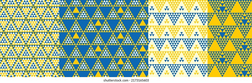Triangle mosaic geometry seamless pattern set in blue and yellow. Triangles patterns collection. Vector geometric repeatable motif for textile, print, wrap, scrapbook paper.