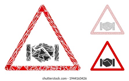 Triangle mosaic handshake warning icon with mesh vector model. Handshake warning collage icon of triangle items which have randomised sizes, and positions, and color tints.
