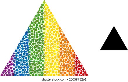 Triangle mosaic icon of round dots in different sizes and spectrum color hues. A dotted LGBT-colored triangle for lesbians, gays, bisexuals, and transgenders. Vector icon in LGBT flag colors.