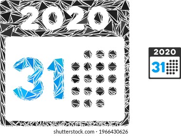 Icono de mosaico triangular de 2020 días. Icono vectorial de mosaico de 2020 de los elementos triangulares que tienen diferentes tamaños, posiciones y matices de color. Resumen del triángulo plano del último día de 2020,