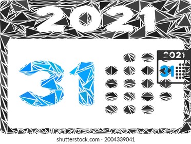 Triangle mosaic last 2021 day icon. Last 2021 day vector mosaic icon of triangle elements which have variable sizes, and positions, and color shades. Abstract flat triangle last 2021 day,