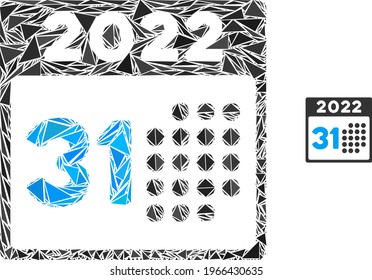 Triangle Mosaik letzten 2022 Tag Symbol. Letztes Jahr 2022 Tag Vektormosaik Symbol von Dreiecksgegenständen, die unterschiedliche Größen, Positionen und Farbtöne haben. Abstraktes 2D-Dreieck letzten 2022 Tag,