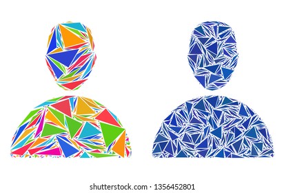 Triangle mosaic Man icons composed of triangle elements in variable sizes, positions and proportions. Vector triangular polygons are composed into abstract mosaic man icons,