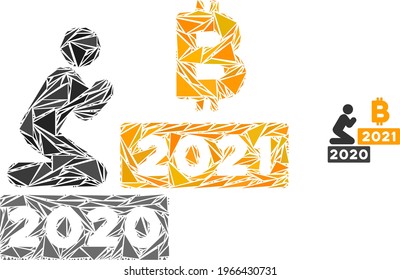 Hombre de mosaico de triángulo reza el icono de bitcoin 2021. El hombre reza el ícono de mosaico vectorial bitcoin 2021 de elementos triangulares que tienen diferentes tamaños, posiciones y tintos de color.
