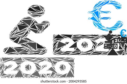 Triangle mosaic man pray euro 2021 icon. Man pray euro 2021 vector mosaic icon of triangle items which have randomised sizes, and positions, and color hues. Abstract 2d triangle man pray euro 2021,