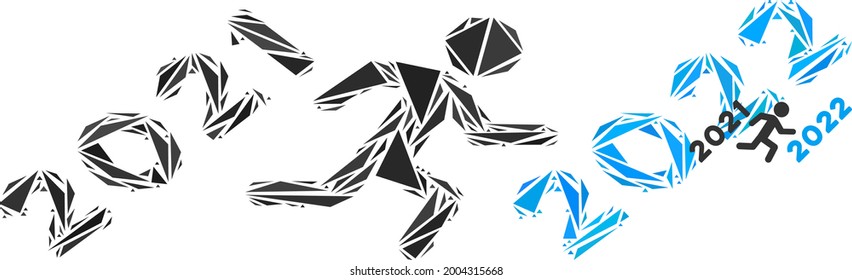 Triangle mosaic man run to 2022 icon. Man run to 2022 vector mosaic icon of triangle items which have variable sizes, and positions, and color tints. Abstract 2d triangle man run to 2022,