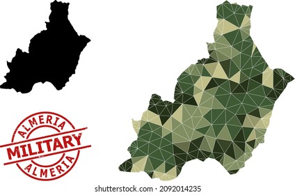 Triangle mosaic map of Almeria Province, and rubber military stamp. Low-poly map of Almeria Province constructed of random camo color triangles.