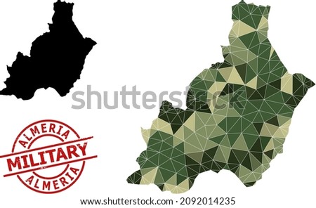 Triangle mosaic map of Almeria Province, and rubber military stamp. Low-poly map of Almeria Province constructed of random camo color triangles.