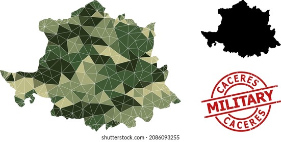 Triangle mosaic map of Caceres Province, and textured military stamp imitation. Lowpoly map of Caceres Province is combined with scattered khaki colored triangles.