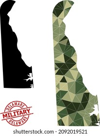 Triangle mosaic map of Delaware State, and unclean military stamp. Lowpoly map of Delaware State designed of chaotic camouflage color triangles.