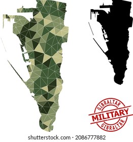 Mapa de mosaico triangular de Gibraltar, e imitación de sello militar rayado. Mapa de Gibraltar de baja polilla construido a partir de triángulos de color caótico de camuflaje.