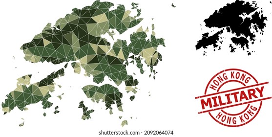 Triangle mosaic map of Hong Kong, and textured military stamp imitation. Lowpoly map of Hong Kong combined of random camo colored triangles.