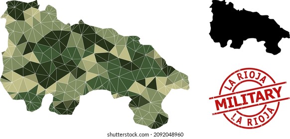 Triangle mosaic map of La Rioja Spanish Province, and rubber military stamp print. Low-poly map of La Rioja Spanish Province is designed from random camouflage color triangles.