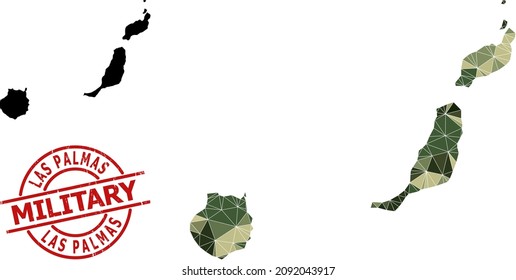 Triangle mosaic map of Las Palmas Province, and grunge military stamp. Lowpoly map of Las Palmas Province designed with randomized khaki colored triangles.