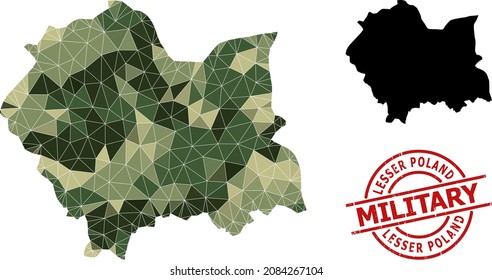 Triangle mosaic map of Lesser Poland Province, and unclean military stamp seal. Low-poly map of Lesser Poland Province is designed of randomized camo colored triangles.