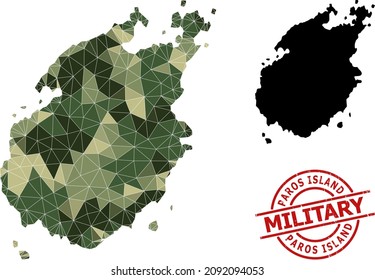 Triangle mosaic map of Paros Island, and distress military stamp seal. Lowpoly map of Paros Island is combined with random khaki filled triangles.