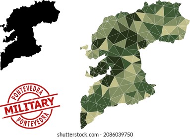Triangle mosaic map of Pontevedra Province, and scratched military stamp print. Low-poly map of Pontevedra Province designed of random camouflage filled triangles.