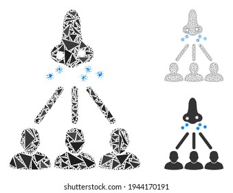 Icono de propagación del virus nasal de mosaico triangular con modelo de vector de malla. El virus nasal difunde el icono de mosaico de los elementos triangulares que tienen diferentes tamaños, posiciones y tintes de color.