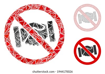 Dreiecksmosaik kein Handshakes Symbol mit Maschen Vektormodell. Kein Handschütteler mosaikischer Ikone dreieckiger Elemente, die randomisierte Größen, Positionen und Farbtöne haben.