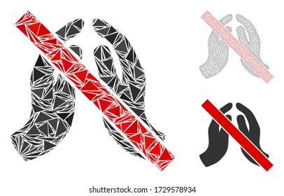 Triangle mosaic no praying hands icon with mesh vector model. No praying hands mosaic icon of triangle items which have variable sizes, and positions, and color shades.