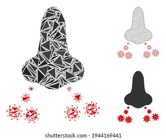 Triangle mosaic nose virus spread icon with mesh vector model. Nose virus spread mosaic icon of triangle items which have randomised sizes, and positions, and color tints.