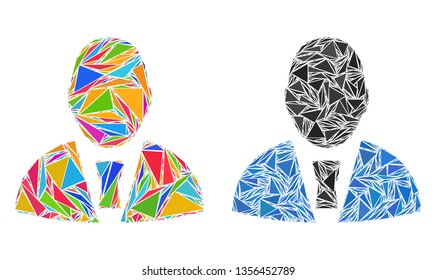 Triangle mosaic Office clerk icons united from triangle items in variable sizes, positions and proportions. Vector triangular polygons are united into abstract mosaic office clerk icons,