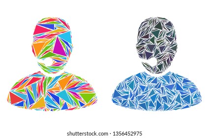 Triangle mosaic Operator icons composed of triangle elements in variable sizes, positions and proportions. Vector triangles are arranged into abstract mosaic operator icons,