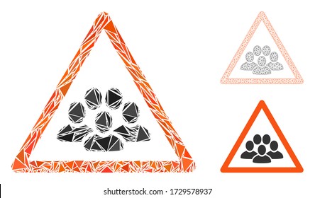 Triangle mosaic people crowd warning icon with mesh vector model. People crowd warning mosaic icon of triangle items which have different sizes, and positions, and color tints.