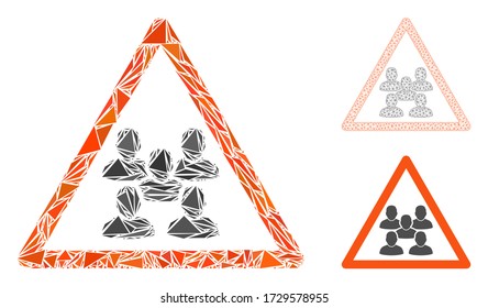 Dreieck Mosaik Menschen Gruppe Warnsymbol mit Mesh Vektor Modell. Die Gruppe warnt das Mosaiksymbol von Dreieck-Elementen, die variable Größen haben, und Positionen, und Farbtöne.