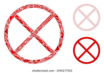 Triangle mosaic restricted icon with mesh vector model. Restricted mosaic icon of triangle elements which have variable sizes, and positions, and color tinges.