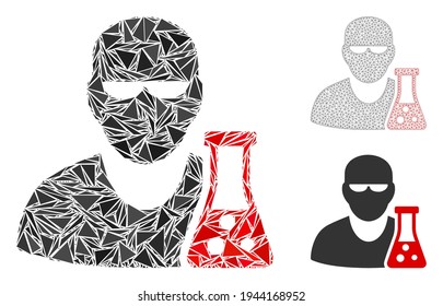 Científico del mosaico triangular con icono del matraz con modelo de vector de malla. Científico con icono del mosaico del matraz de elementos triangulares que tienen tamaños y posiciones variables, y tonos de color.