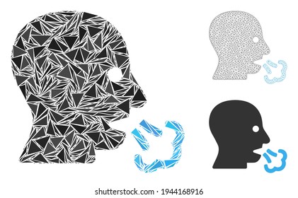 Triangle mosaic sneeze icon with mesh vector model. Sneeze mosaic icon of triangle items which have variable sizes, and positions, and color tones. Wire carcass polygonal network of sneeze.