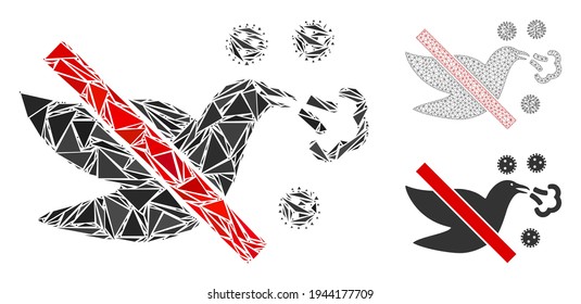 Triangle mosaic stop bird flu icon with mesh vector model. Stop bird flu mosaic icon of triangle items which have different sizes, and positions, and color tints.