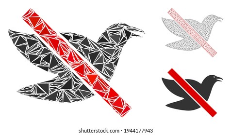 Triangle mosaic stop bird icon with mesh vector model. Stop bird mosaic icon of triangle elements which have different sizes, and positions, and color shades. Wire frame polygonal mesh of stop bird.