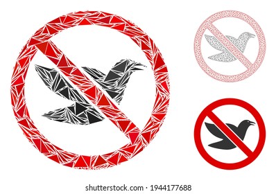 Triangle mosaic stop birds icon with mesh vector model. Stop birds mosaic icon of triangle items which have variable sizes, and positions, and color tints. Wire carcass polygonal mesh of stop birds.