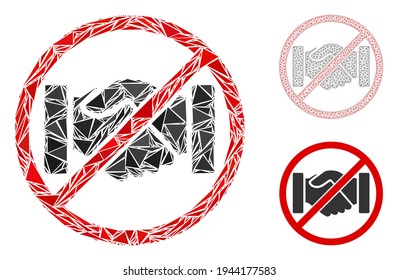Triangle mosaic stop handshakes icon with mesh vector model. Stop handshakes mosaic icon of triangle elements which have different sizes, and positions, and color tints.