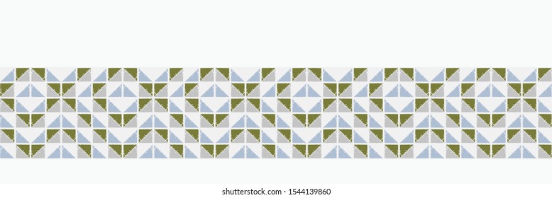 Triangle Mosaic Tile Seamless Border Pattern. Hand Drawn Textured Geo Background. Retro 1960s Style Tiled Kitchen Textile Ribbon Trim, Packaging, Wallpaper. Color Block Azulejo Banner Vector Eps 10