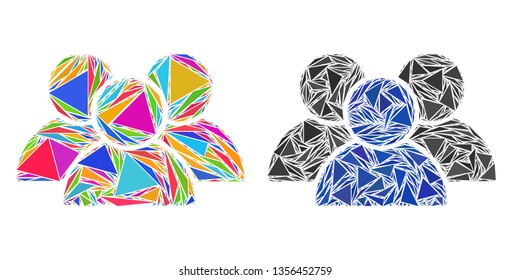 Triangle mosaic User group icons composed of triangle items in various sizes, positions and proportions. Vector triangular polygons are grouped into abstract mosaic user group icons,