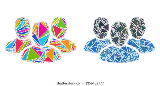 Triangle mosaic User group icons united from triangle items in various sizes, positions and proportions. Vector triangles are organized into abstract mosaic user group icons,