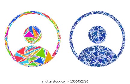 Triangle mosaic User icons constructed from triangle items in variable sizes, positions and proportions. Vector triangular polygons are organized into abstract mosaic user icons,