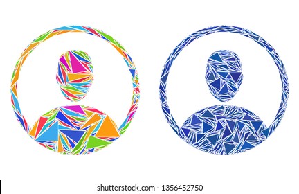 Triangle mosaic User icons organized from triangle elements in variable sizes, positions and proportions. Vector triangular polygons are organized into abstract collage user icons,