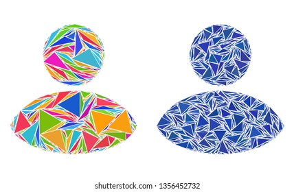 Triangle mosaic User icons united from triangle elements in different sizes, positions and proportions. Vector triangular polygons are grouped into abstract mosaic user icons,