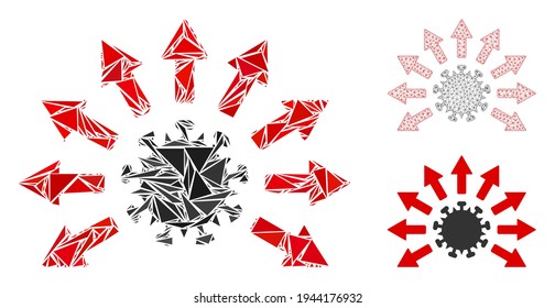 Icono de distribución de virus de mosaico triangular con modelo de vector de malla. Icono de mosaico de distribución de virus de elementos triangulares que tienen tamaños, posiciones y sombras de color aleatorizados.