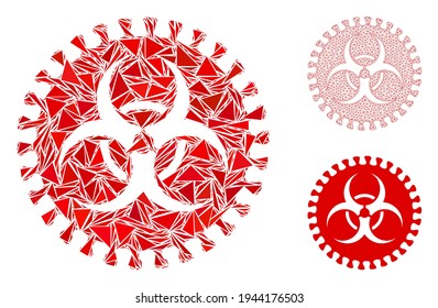 Dreieckiges Mosaikvirus-Gefahrensymbol mit verflochtenem Vektormodell. Mosaiksymbol für Viren-Gefahren aus Dreiecksgegenständen mit unterschiedlichen Größen, Positionen und Farbtönen.